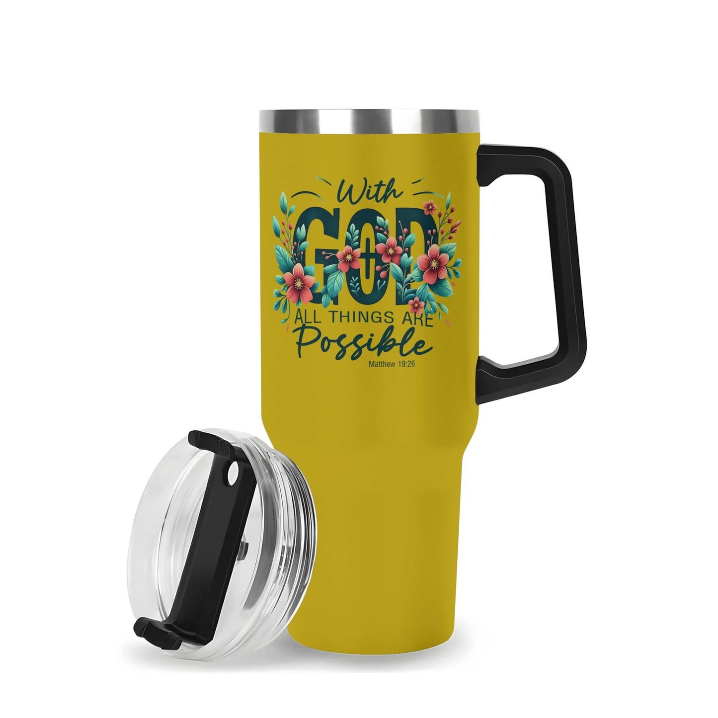 With God All Things Are Possible 40oz Stainless Steel Christian Tumbler Gift With Black Handle and Straw - ClaimedbyGodDesigns