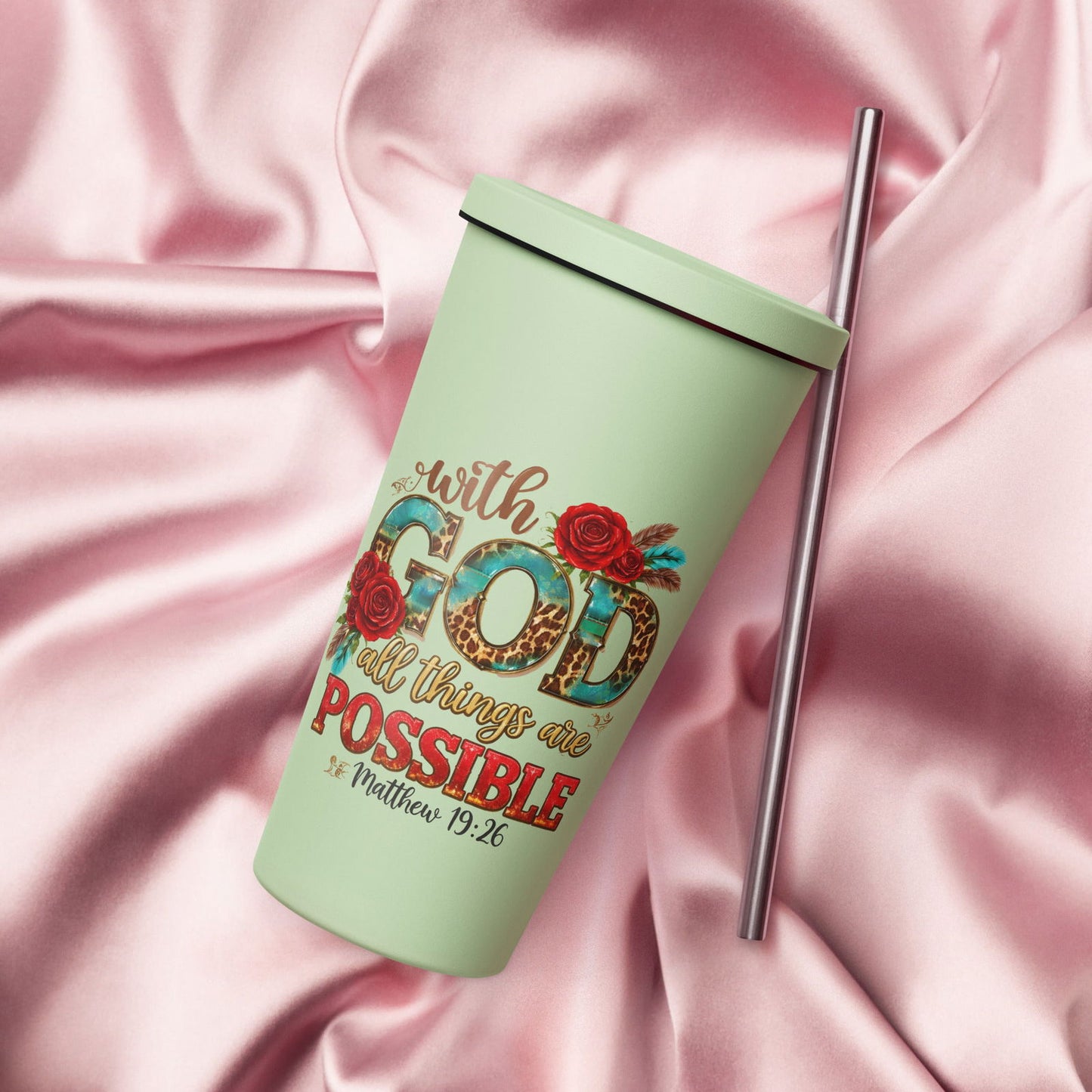 With God All Things Are Possible Christian Insulated 20oz Tumbler with a straw - ClaimedbyGodDesigns