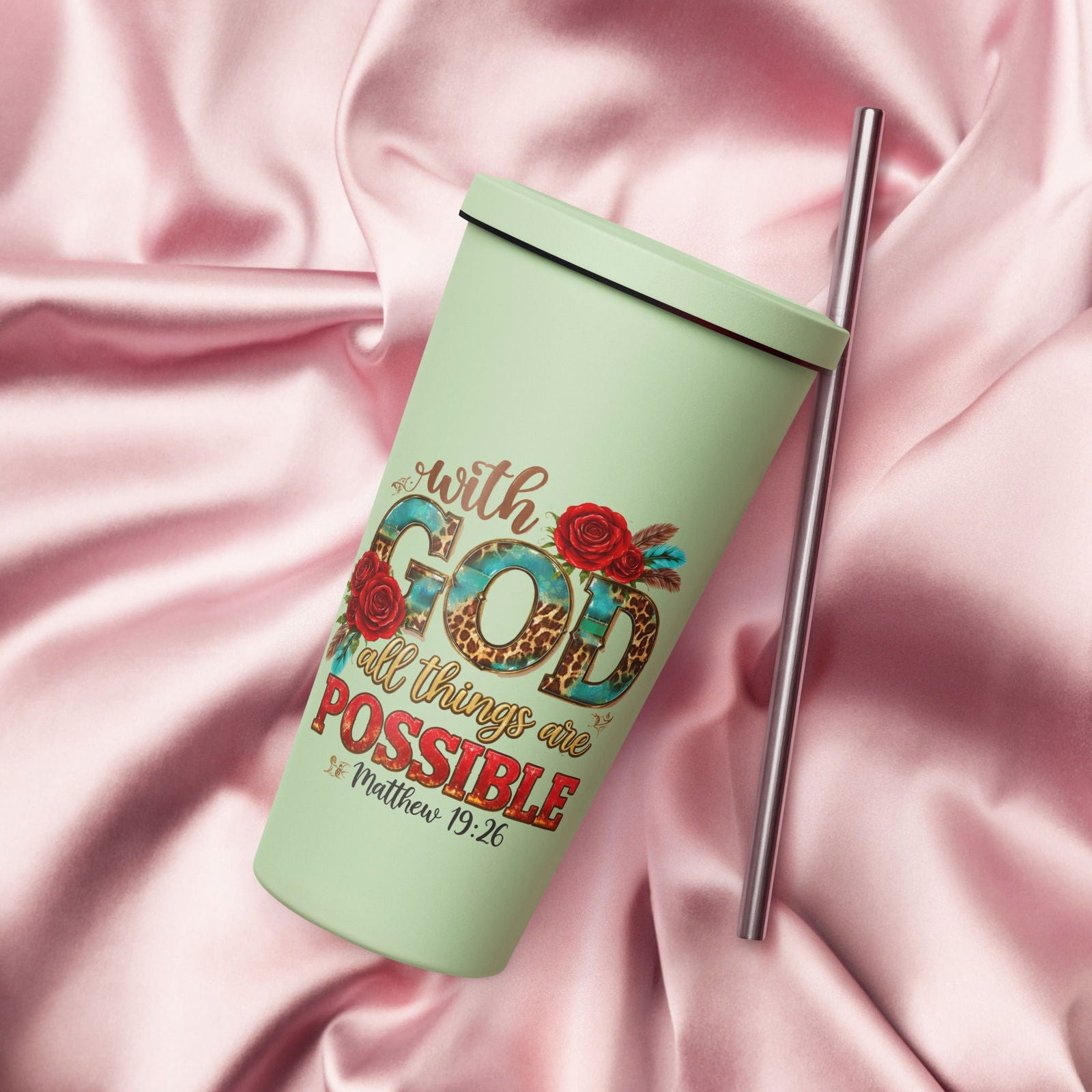 With God All Things Are Possible Christian Insulated 20oz Tumbler with a straw - ClaimedbyGodDesigns
