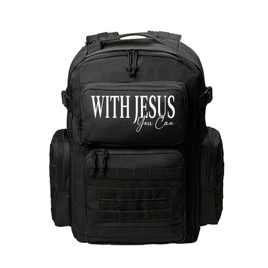 Christian backpack with 'With Jesus You Can' design