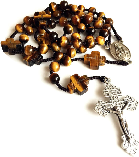 Yellow Tiger Eye Jade Beads Rosary Cross NECKLACE - ClaimedbyGodDesigns