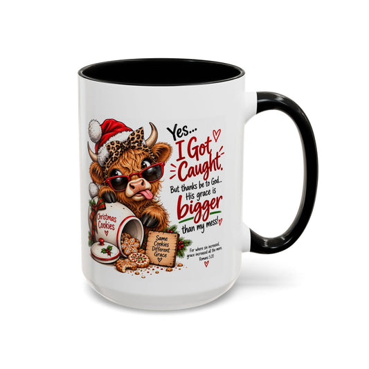 Yes… I Got Caught. His Grace Is Bigger Than My Mess! Christmas Cow Mug - Claimed by God Designs