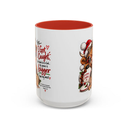 Yes… I Got Caught. His Grace Is Bigger Than My Mess! Christmas Cow Mug - Claimed by God Designs