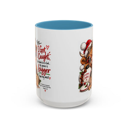 Yes… I Got Caught. His Grace Is Bigger Than My Mess! Christmas Cow Mug - Claimed by God Designs