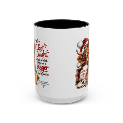 Yes… I Got Caught. His Grace Is Bigger Than My Mess! Christmas Cow Mug - Claimed by God Designs