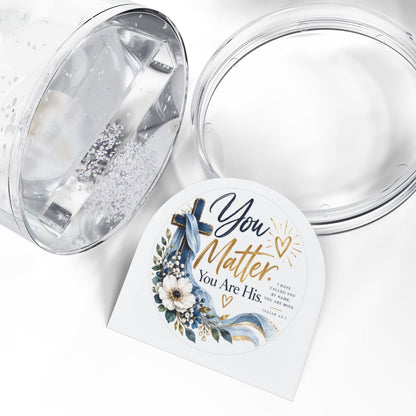 You Matter. You Are His. Isaiah 43:1 Blue Cross Snow Globe Gift - Claimed by God Designs
