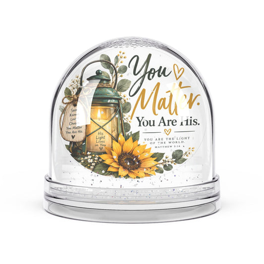 You Matter. You Are His. Matthew 5:14 Sunflower Lantern Snow Globe Gift - Claimed by God Designs