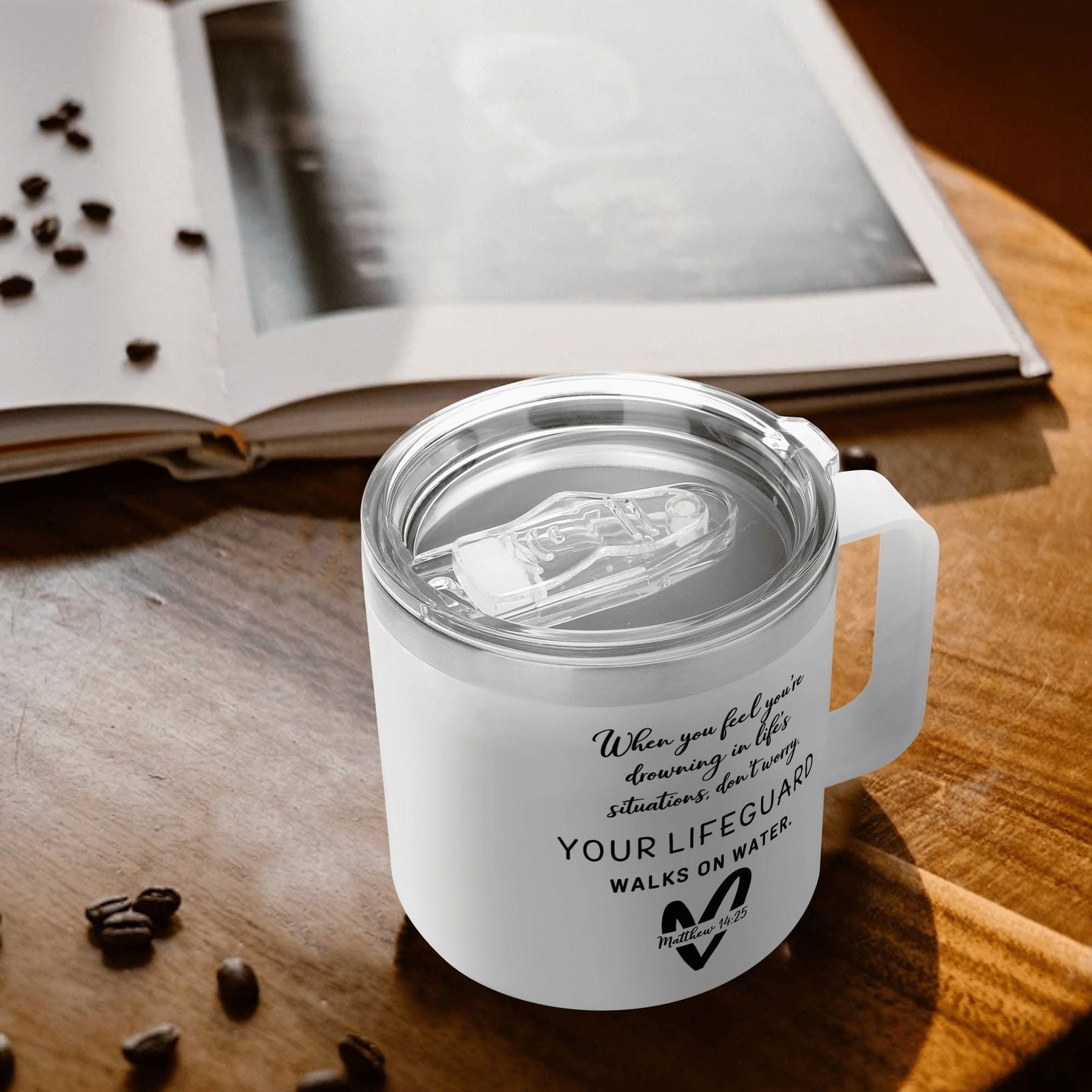 Youre Lifeguard Christian 14oz Stainless Steel Coffee Mug Coffee Cup with Lid and Handle - ClaimedbyGodDesigns