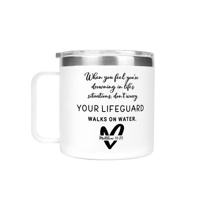 Youre Lifeguard Christian 14oz Stainless Steel Coffee Mug Coffee Cup with Lid and Handle - ClaimedbyGodDesigns