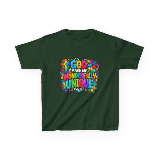 Youth Autism Awareness T-Shirt — "God Made Me Wonderfully Unique" Colorful Faith Tee - Claimed by God Designs