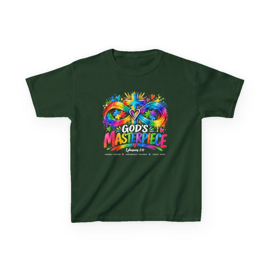Youth Autism Awareness T-Shirt — "God's Masterpiece" Colorful Heart & Infinity Tee - Claimed by God Designs