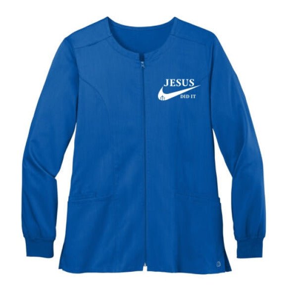 He Did It Women’s Christian Premiere Flex Full - Zip Scrub Jacket – Comfortable, Stylish, and Flexible Workwear - ClaimedbyGodDesigns