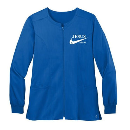 He Did It Women’s Christian Premiere Flex Full - Zip Scrub Jacket – Comfortable, Stylish, and Flexible Workwear - ClaimedbyGodDesigns