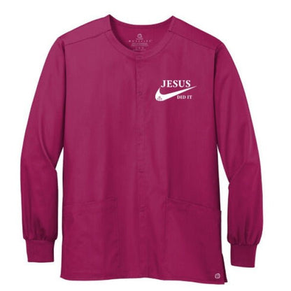 He Did It Unisex Christian WorkFlex Snap - Front Scrub Jacket – Comfortable, Durable, and Professional Workwear - ClaimedbyGodDesigns