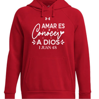 Amar Es Conocer a Dios Women's Spanish Christian Pullover Fleece Hooded Sweatshirt - ClaimedbyGodDesigns