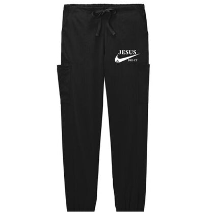 He Did It Women’s Christian Premiere Flex Jogger Scrub Pant – Comfortable, Functional, and Stylish Workwear - ClaimedbyGodDesigns