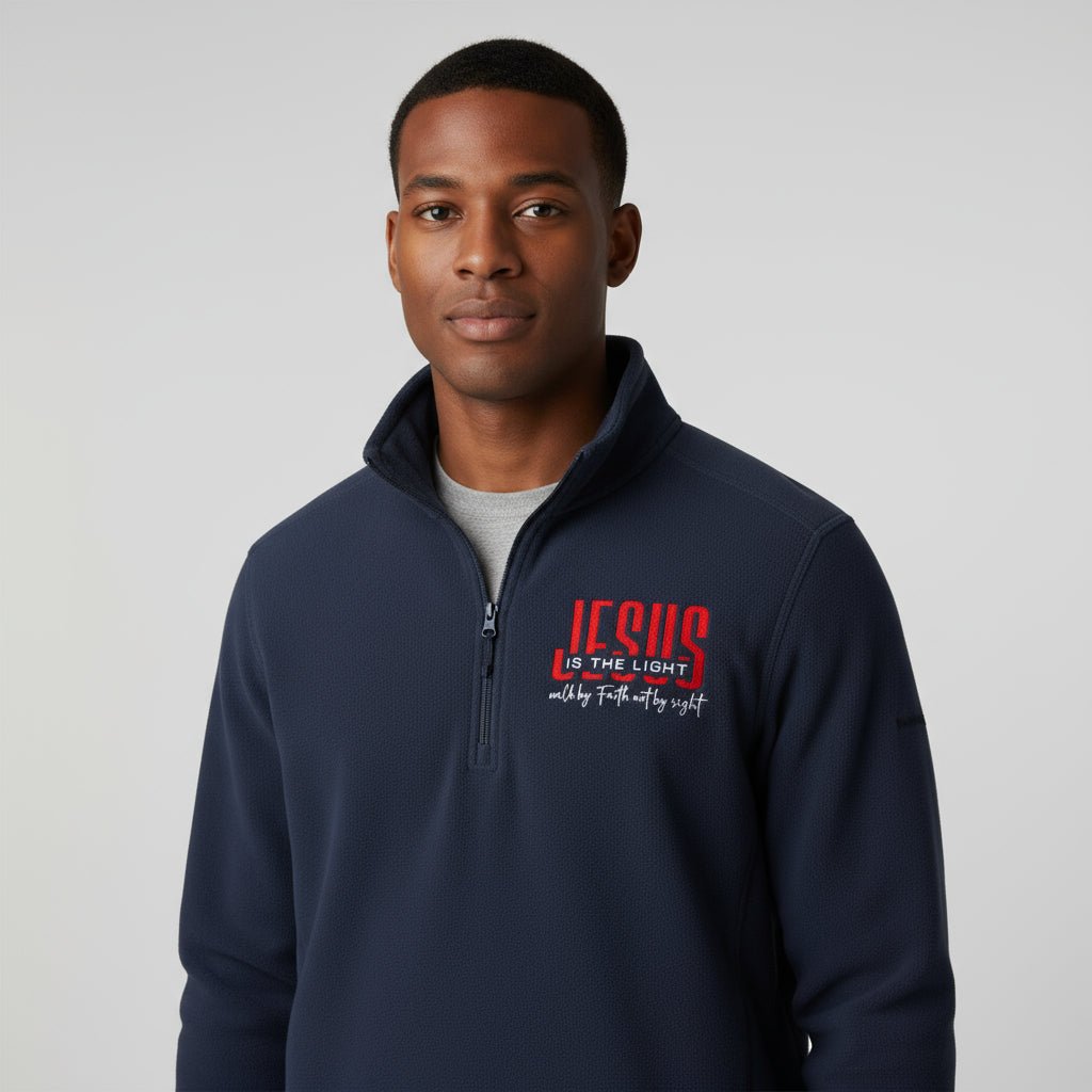 He Is The Light Men's Christian Half - zip Microfleece Jacket - ClaimedbyGodDesigns