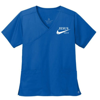 He Did It Women’s WorkFlex Mock Wrap Christian Scrub Top – Comfortable, Stylish, and Professional Workwear - ClaimedbyGodDesigns