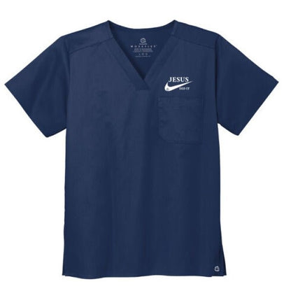 He Did It Unisex Chest Pocket V - Neck Scrub Top – Comfortable, Durable, and Professional Workwear - ClaimedbyGodDesigns