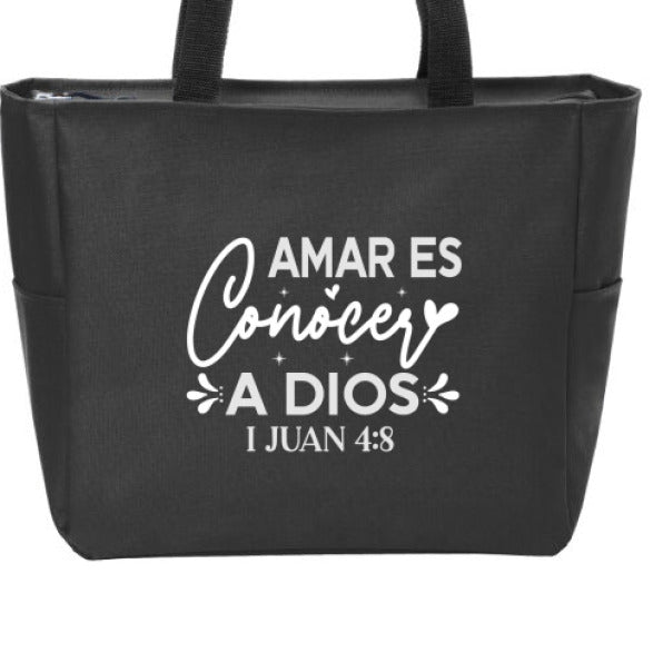 Amar Es Conocer a Dios Spanish Christian Tote Bag - ClaimedbyGodDesigns
