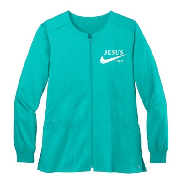 He Did It Women’s Christian Premiere Flex Full - Zip Scrub Jacket – Comfortable, Stylish, and Flexible Workwear - ClaimedbyGodDesigns