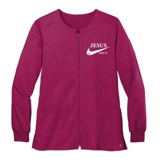 He Did It Women’s Christian Premiere Flex Full - Zip Scrub Jacket – Comfortable, Stylish, and Flexible Workwear - ClaimedbyGodDesigns