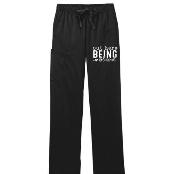 Out Here Being Blessed Christian Women’s Premiere Flex Cargo Scrub Pants - ClaimedbyGodDesigns