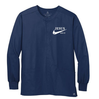 He Did It Unisex Christian WorkFlex Snap - Front Scrub Jacket – Comfortable, Durable, and Professional Workwear - ClaimedbyGodDesigns