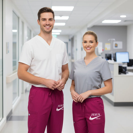 He Did It Unisex Christian Scrub Bottoms – Comfortable, Durable, and Lightweight Workwear - ClaimedbyGodDesigns