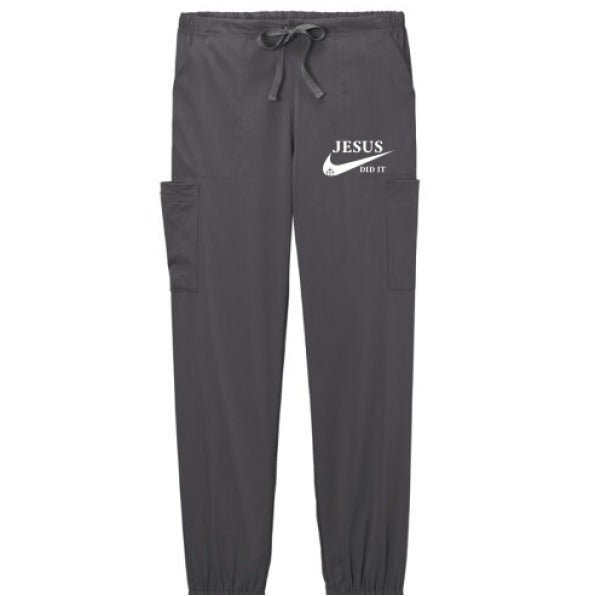 He Did It Women’s Christian Premiere Flex Jogger Scrub Pant – Comfortable, Functional, and Stylish Workwear - ClaimedbyGodDesigns