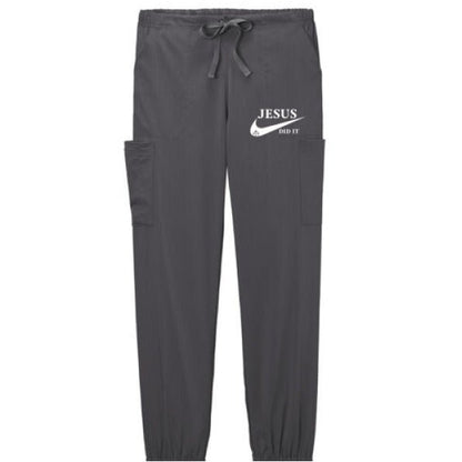 He Did It Women’s Christian Premiere Flex Jogger Scrub Pant – Comfortable, Functional, and Stylish Workwear - ClaimedbyGodDesigns