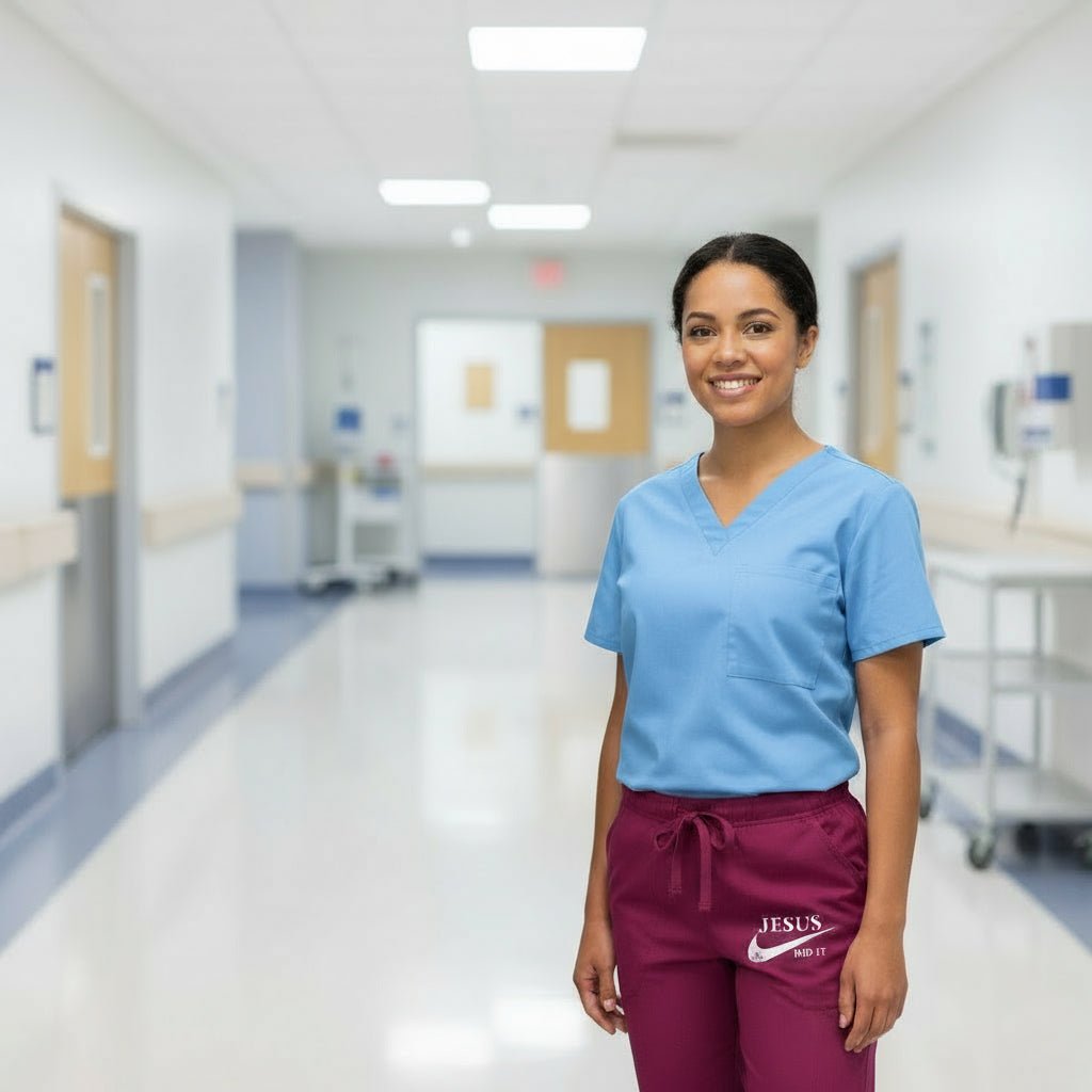 He Did It Women’s Christian Premiere Flex Jogger Scrub Pant – Comfortable, Functional, and Stylish Workwear - ClaimedbyGodDesigns