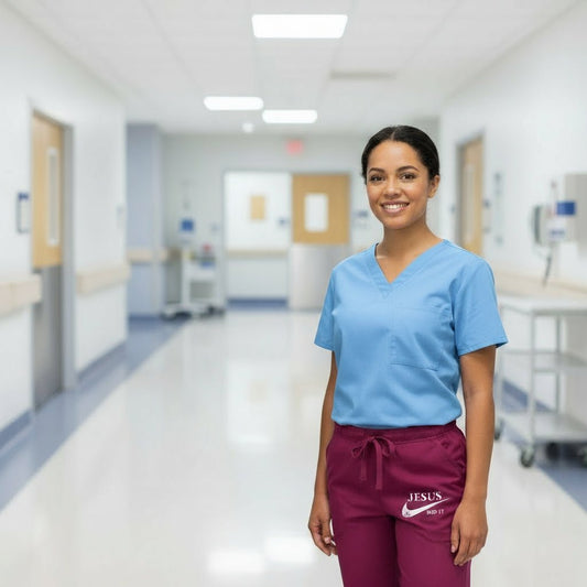 He Did It Women’s Christian Premiere Flex Jogger Scrub Pant – Comfortable, Functional, and Stylish Workwear - ClaimedbyGodDesigns