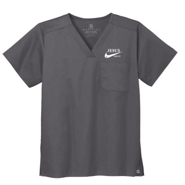 He Did It Unisex Chest Pocket V - Neck Scrub Top – Comfortable, Durable, and Professional Workwear - ClaimedbyGodDesigns