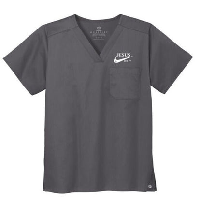 He Did It Unisex Chest Pocket V - Neck Scrub Top – Comfortable, Durable, and Professional Workwear - ClaimedbyGodDesigns