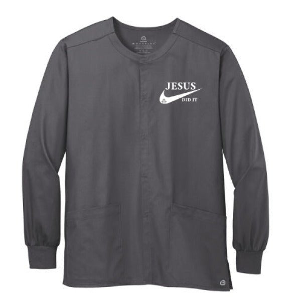 He Did It Unisex Christian WorkFlex Snap - Front Scrub Jacket – Comfortable, Durable, and Professional Workwear - ClaimedbyGodDesigns