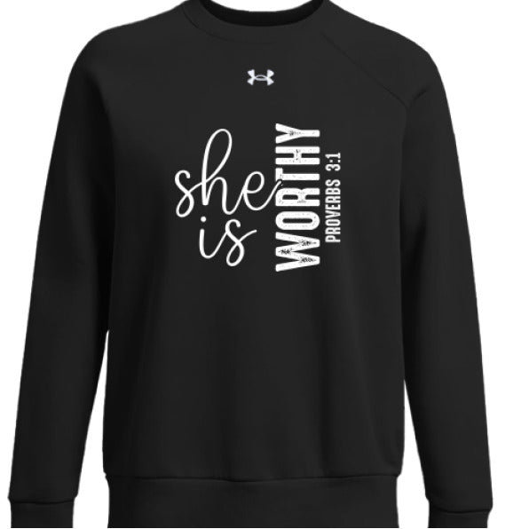 She Is Worthy Women's Christian Pullover Fleece Sweatshirt - ClaimedbyGodDesigns