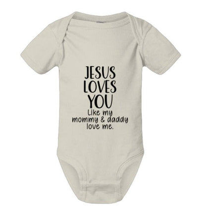 He Loves You Like My Mommy and Daddy Baby Christian Jumpsuit - ClaimedbyGodDesigns