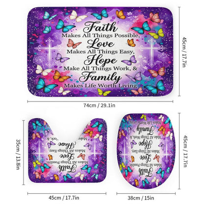 Faith Love Hope Family Christian Shower Curtain Set with a bath rug, a contour rug and a toilet lid - ClaimedbyGodDesigns