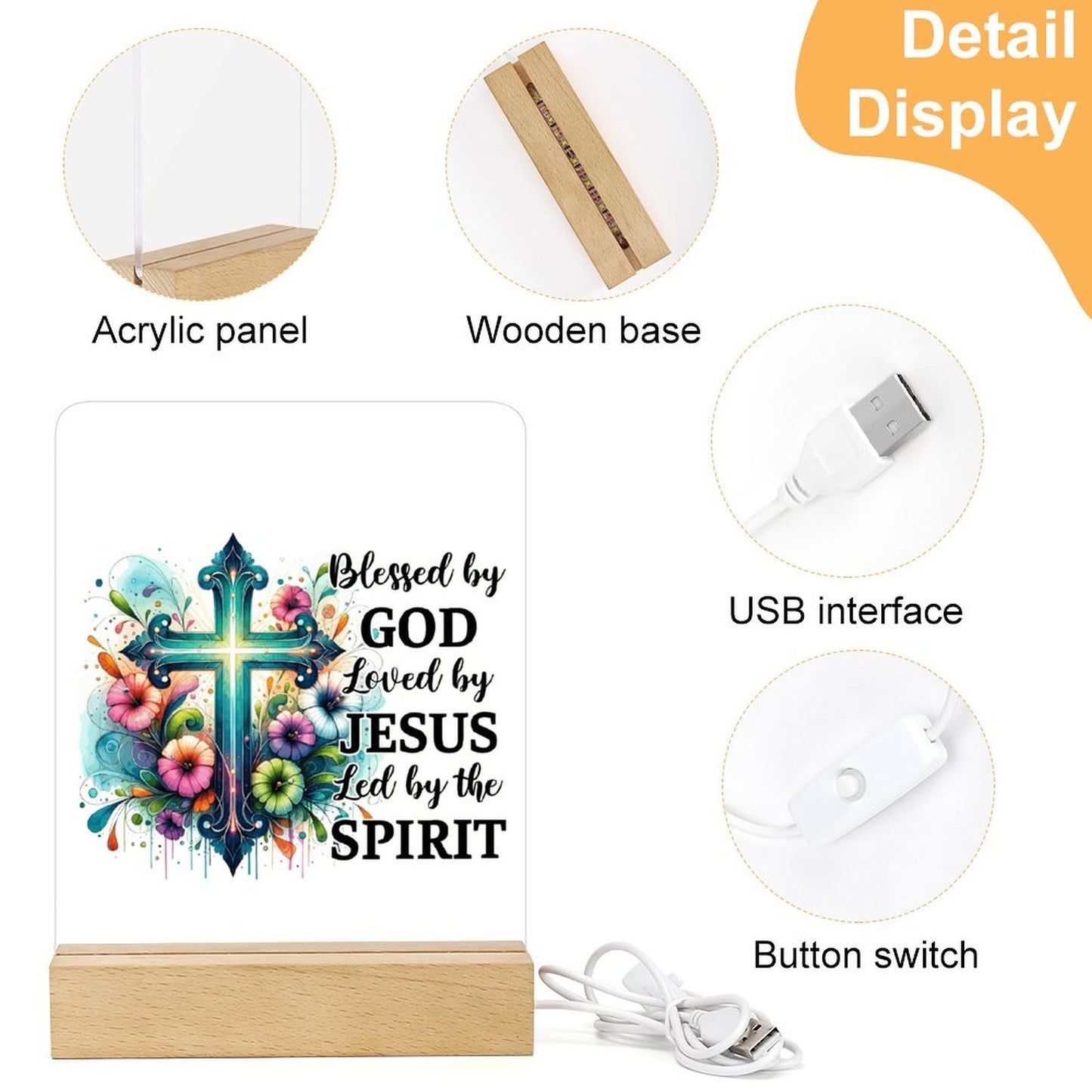 Blessed By God Loved By Jesus Led By The Spirit Christian Acrylic Night Light with Wooden Base Christian Gift Idea