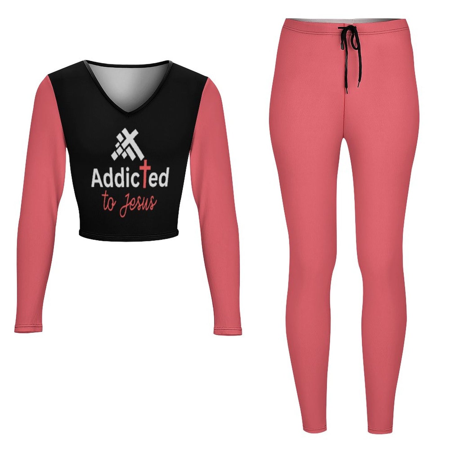 Addicted To Jesus Women's Christian Casual Outfit V neck Sweatshirt Set  SALE-Personal Design