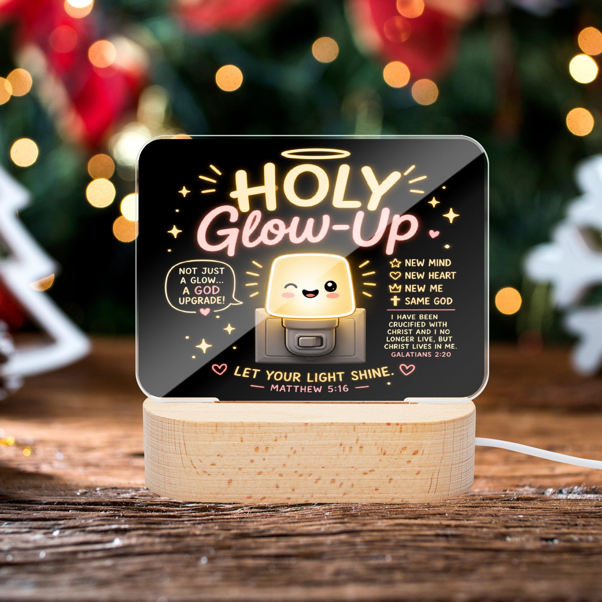 Holy Glow - up Christian Square Acrylic Nigh Light - Luminous Base - ClaimedbyGodDesigns
