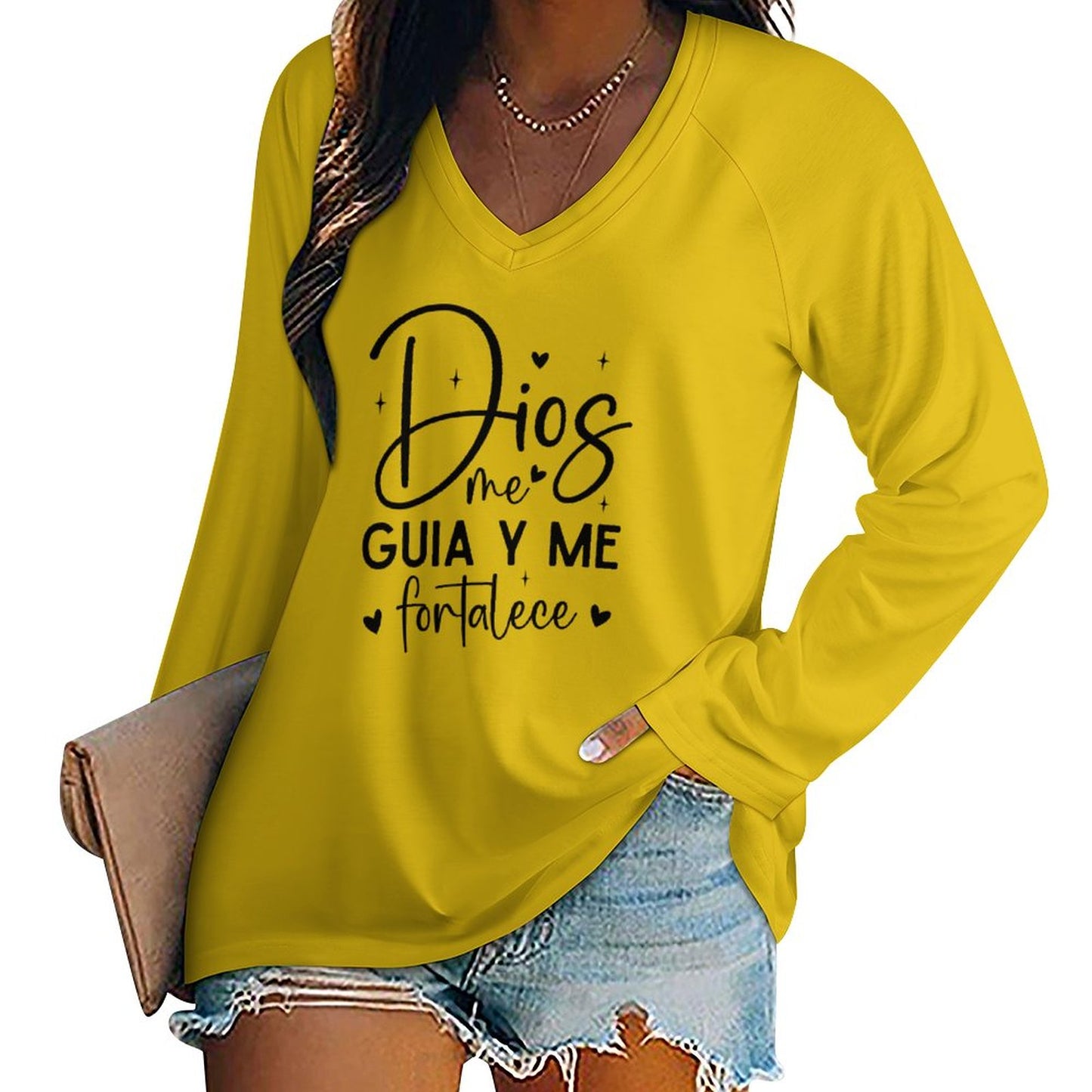 Dios Me Guia Y Me Fortalece Spanish Christian V-neck Loose Pullover Sweatshirt