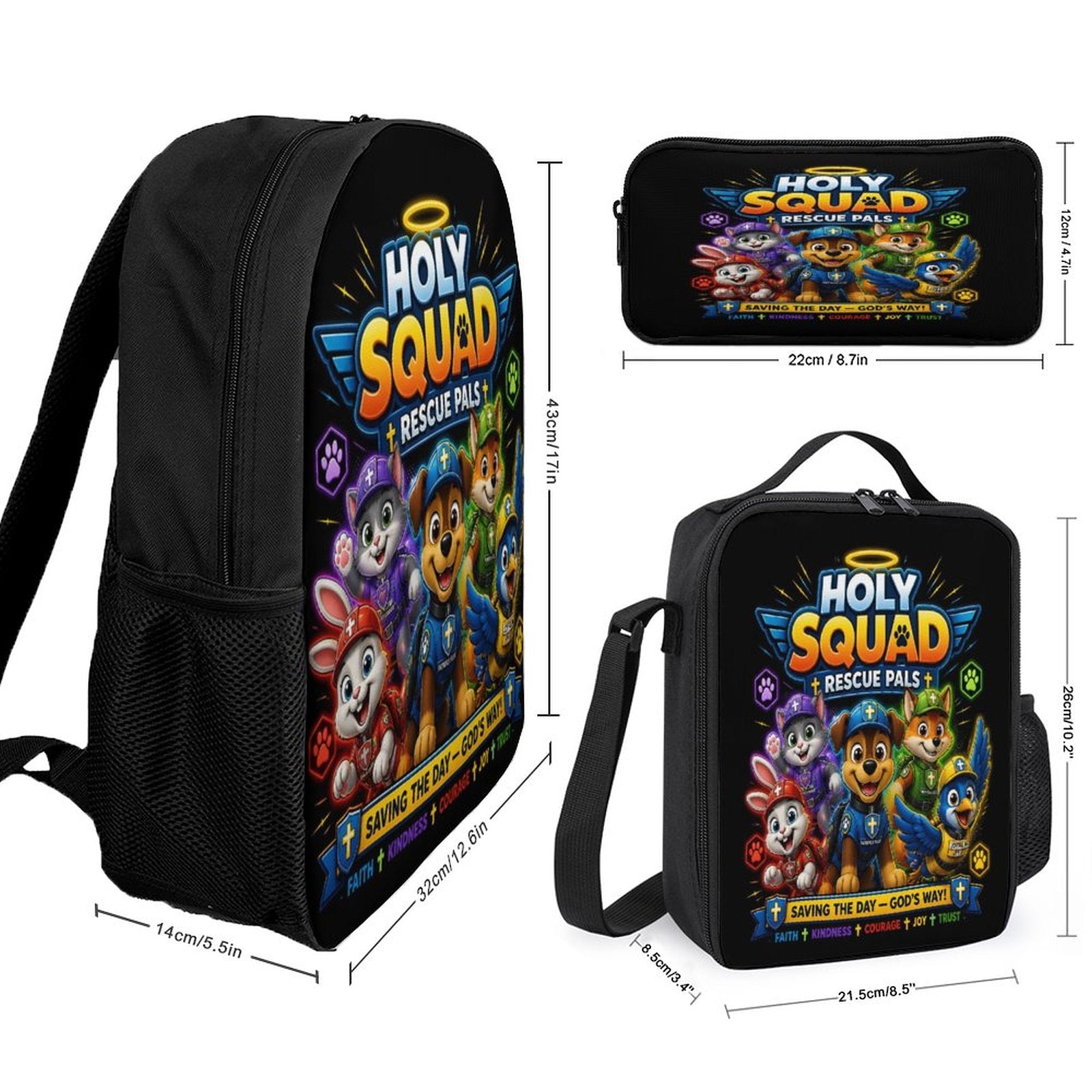 Holy Squad Rescue Pals (2) Christian 3 PCS Bag Set (Backpack, Lunch Bag and Pencil Case) - ClaimedbyGodDesigns