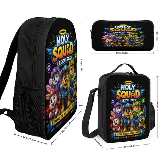 Holy Squad Rescue Pals (2) Christian 3 PCS Bag Set (Backpack, Lunch Bag and Pencil Case) - ClaimedbyGodDesigns