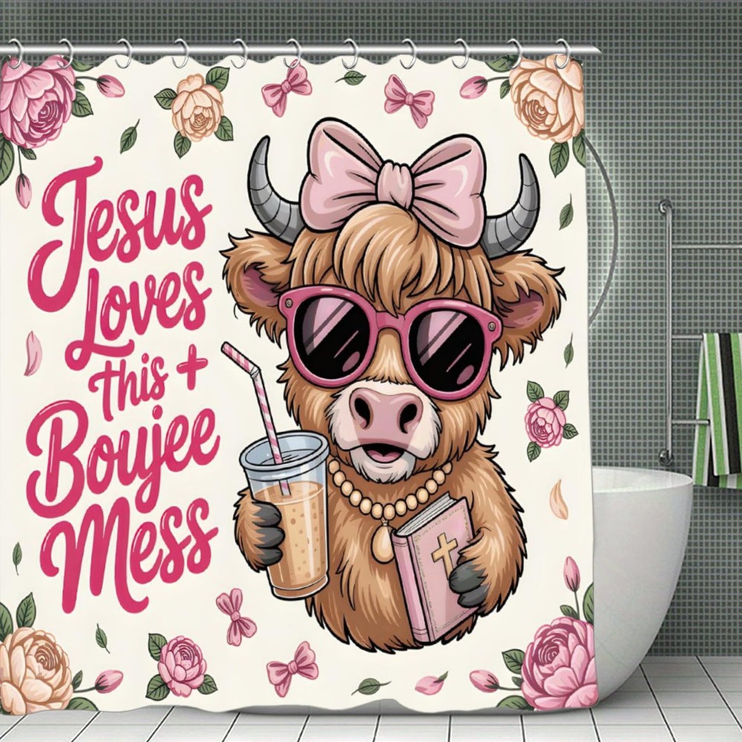Jesus Loves This Boujee Mess Funny Christian Waterproof Shower Curtain