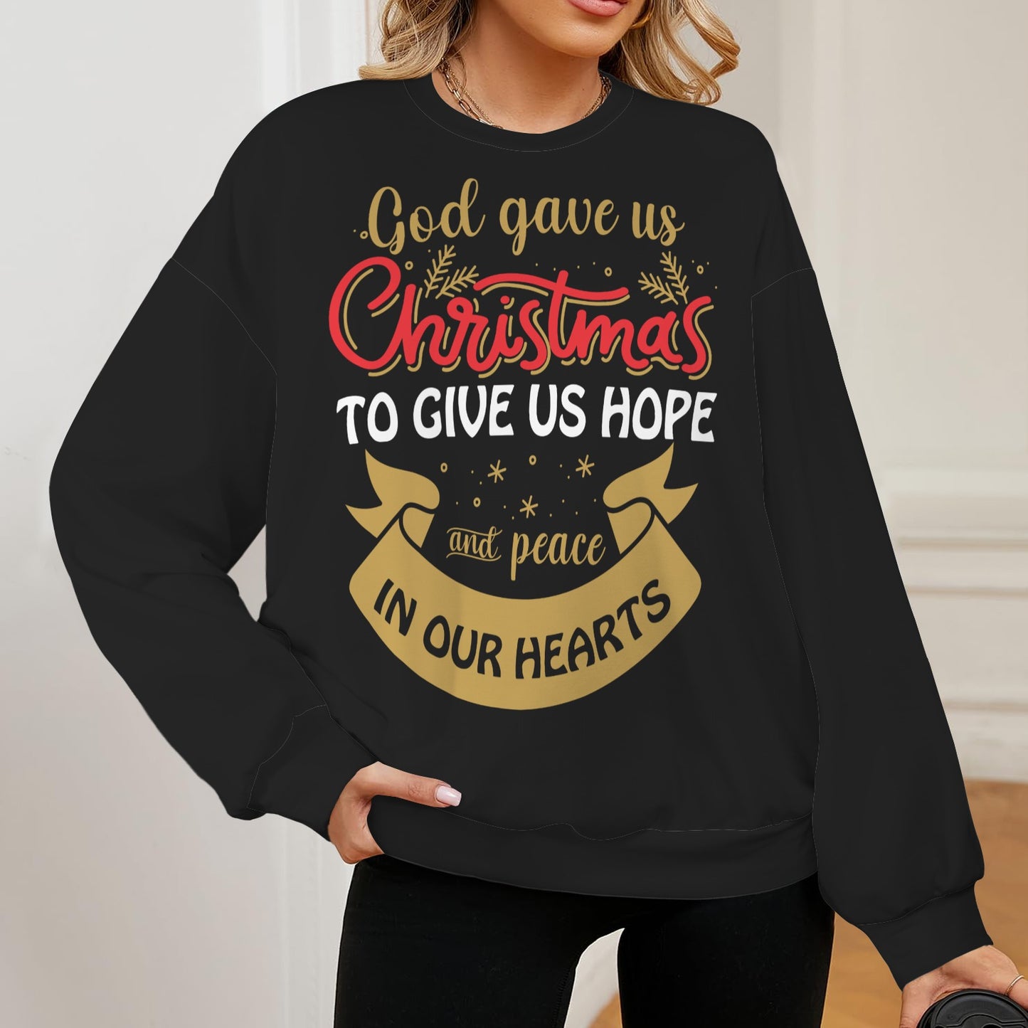 God Gave Us Christmas Christian Oversized Crew Neck Pullover Sweatshirt