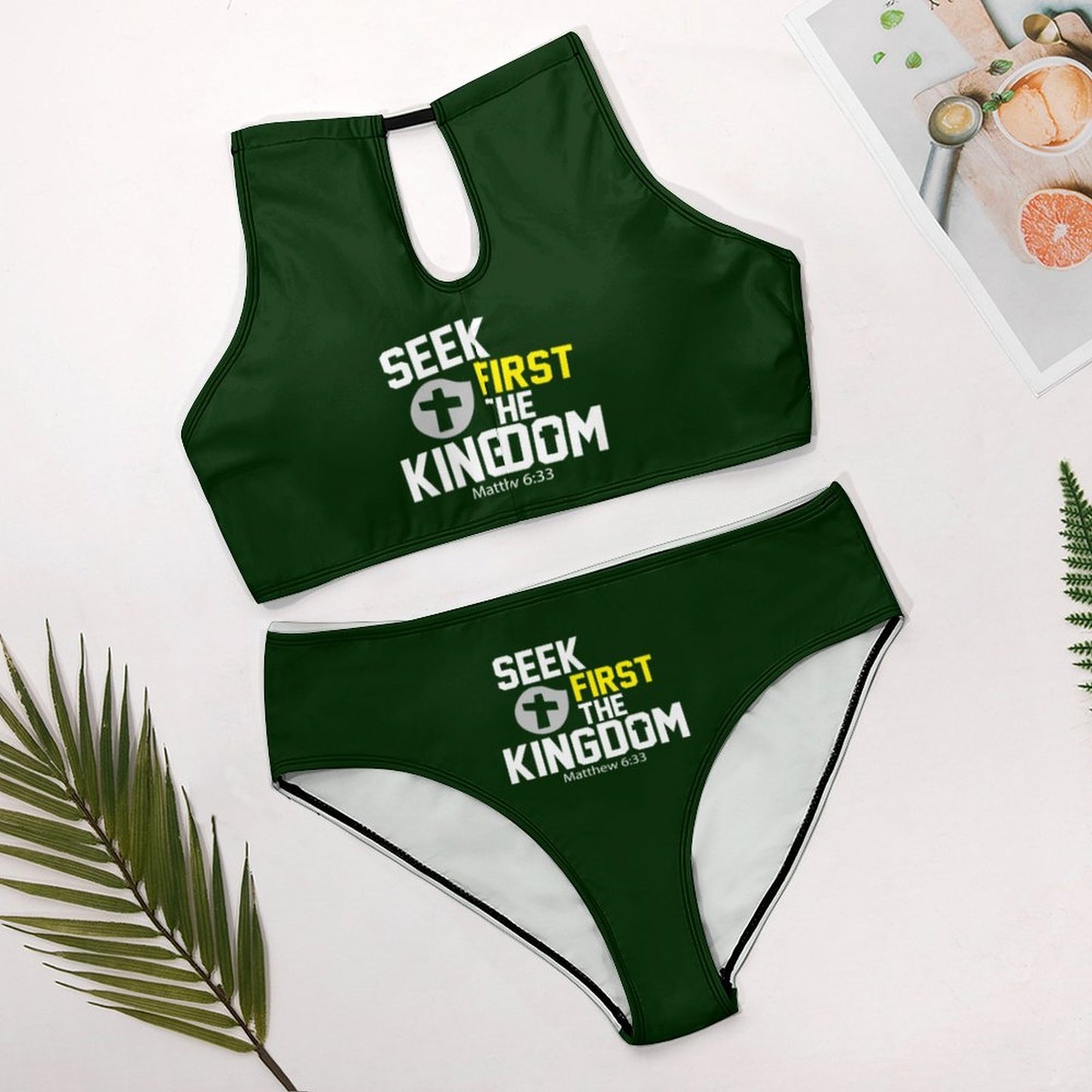 Seek First The Kingdom Christian Women's Two piece Swimsuit with High Neck Halter Top