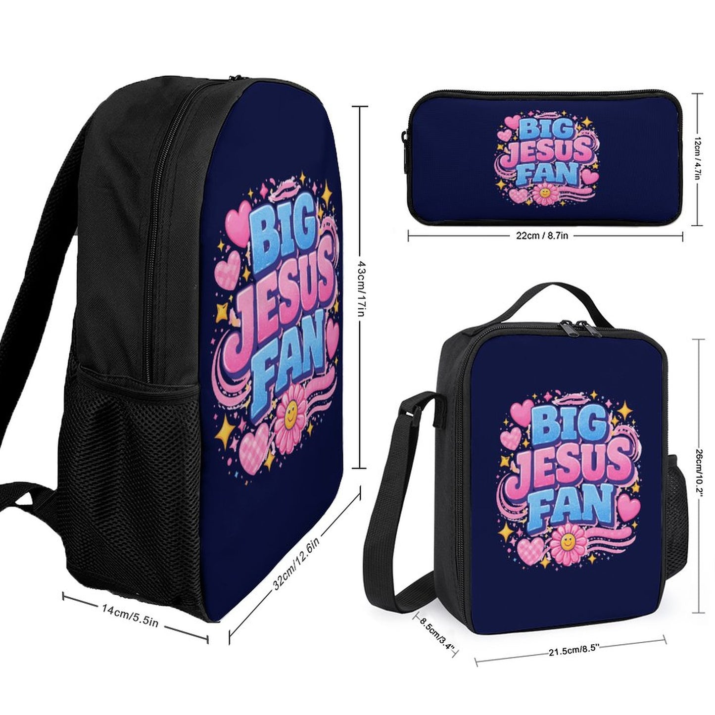 Big Jesus Fan 3 PCS Christian Backpack Set (Backpack, Lunch Bag and Pencil Case) - ClaimedbyGodDesigns
