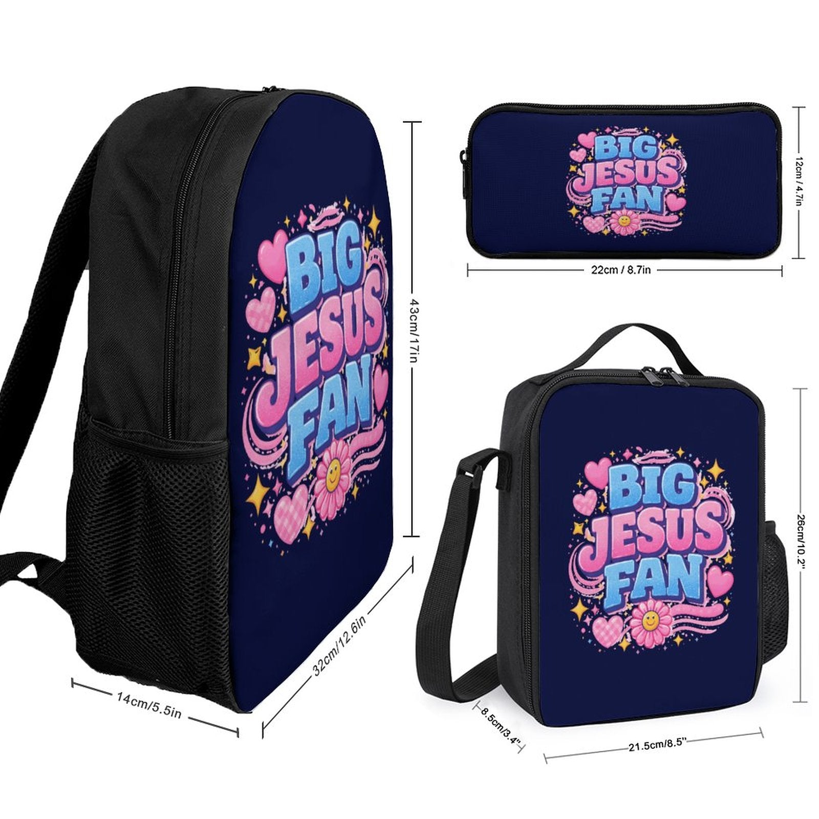 Big Jesus Fan 3 PCS Christian Backpack Set (Backpack, Lunch Bag and Pencil Case) - ClaimedbyGodDesigns